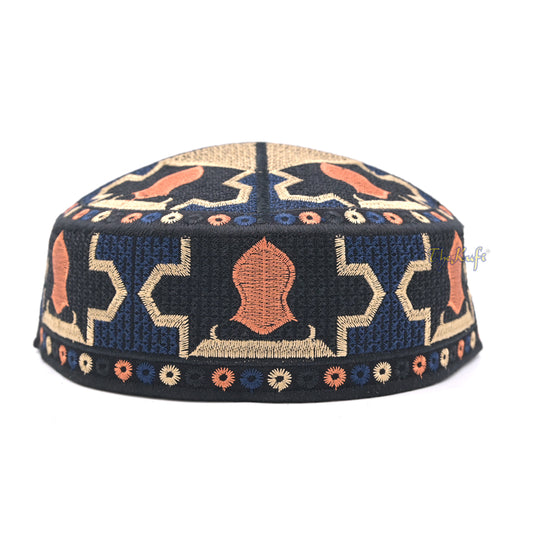 Dark Blue Sandal Motif Embroidery Pakistani Topi Kufi Hat