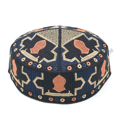 Dark Blue Sandal Motif Embroidery Pakistani Topi Kufi Hat