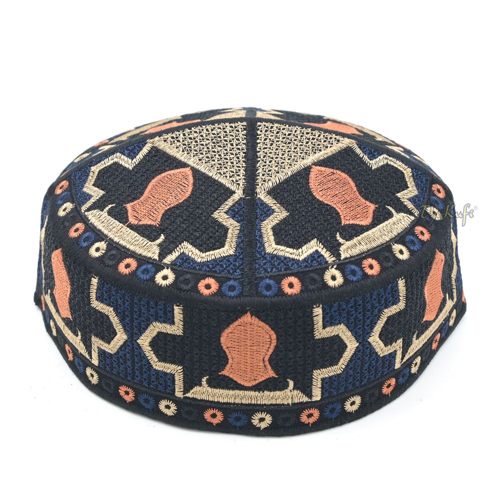 Dark Blue Sandal Motif Embroidery Pakistani Topi Kufi Hat