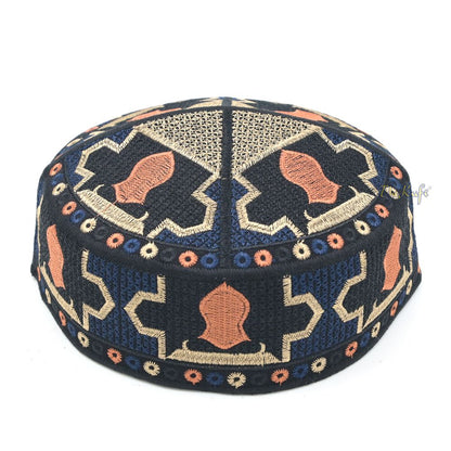 Dark Blue Sandal Motif Embroidery Pakistani Topi Kufi Hat