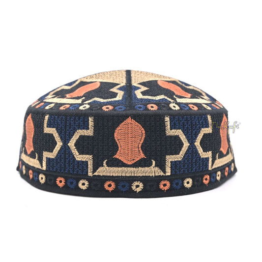 Dark Blue Sandal Motif Embroidery Pakistani Topi Kufi Hat
