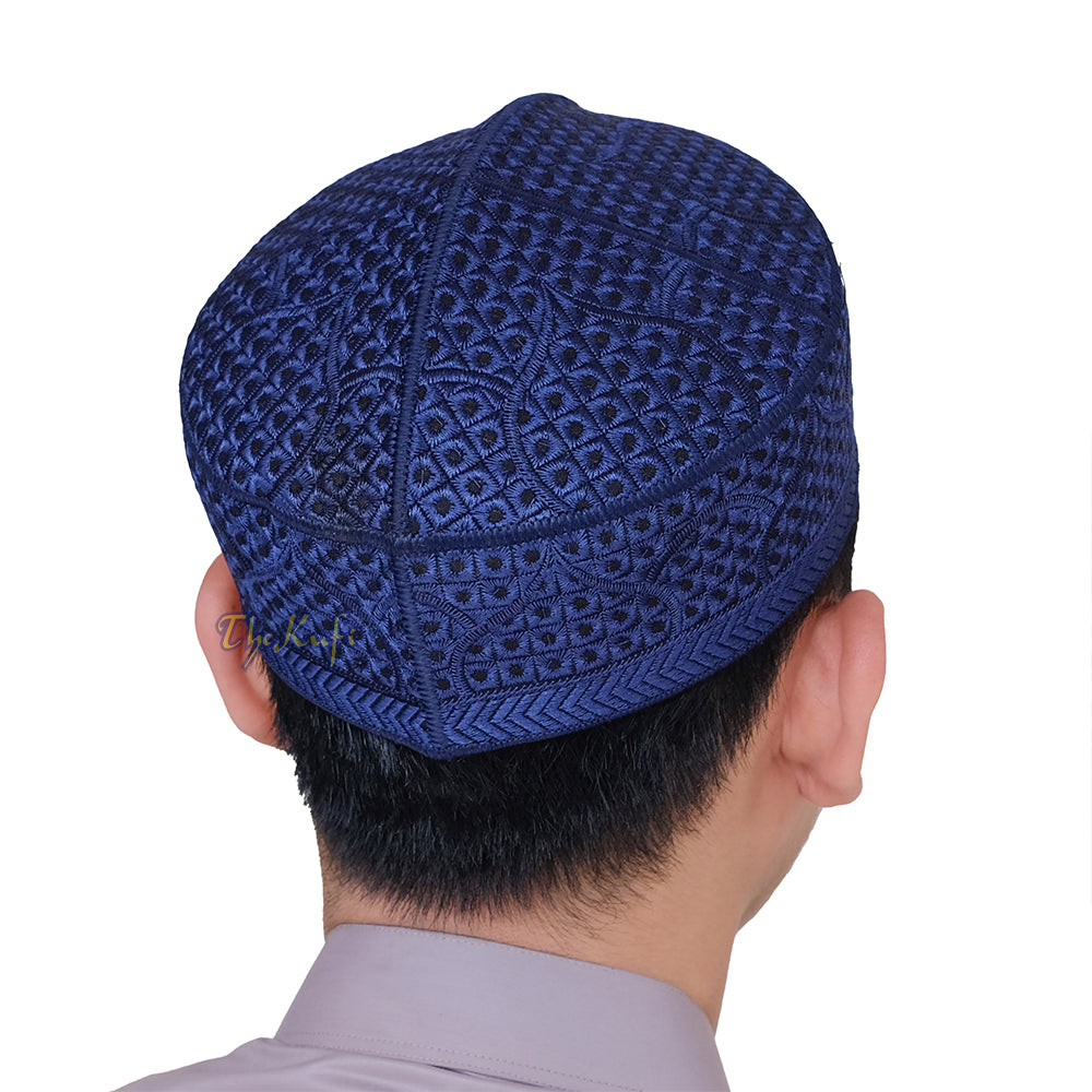 Topi Kufi Gaya Pakistan Bersulam Kubah Masjid Biru Tua Berlapis Kaku