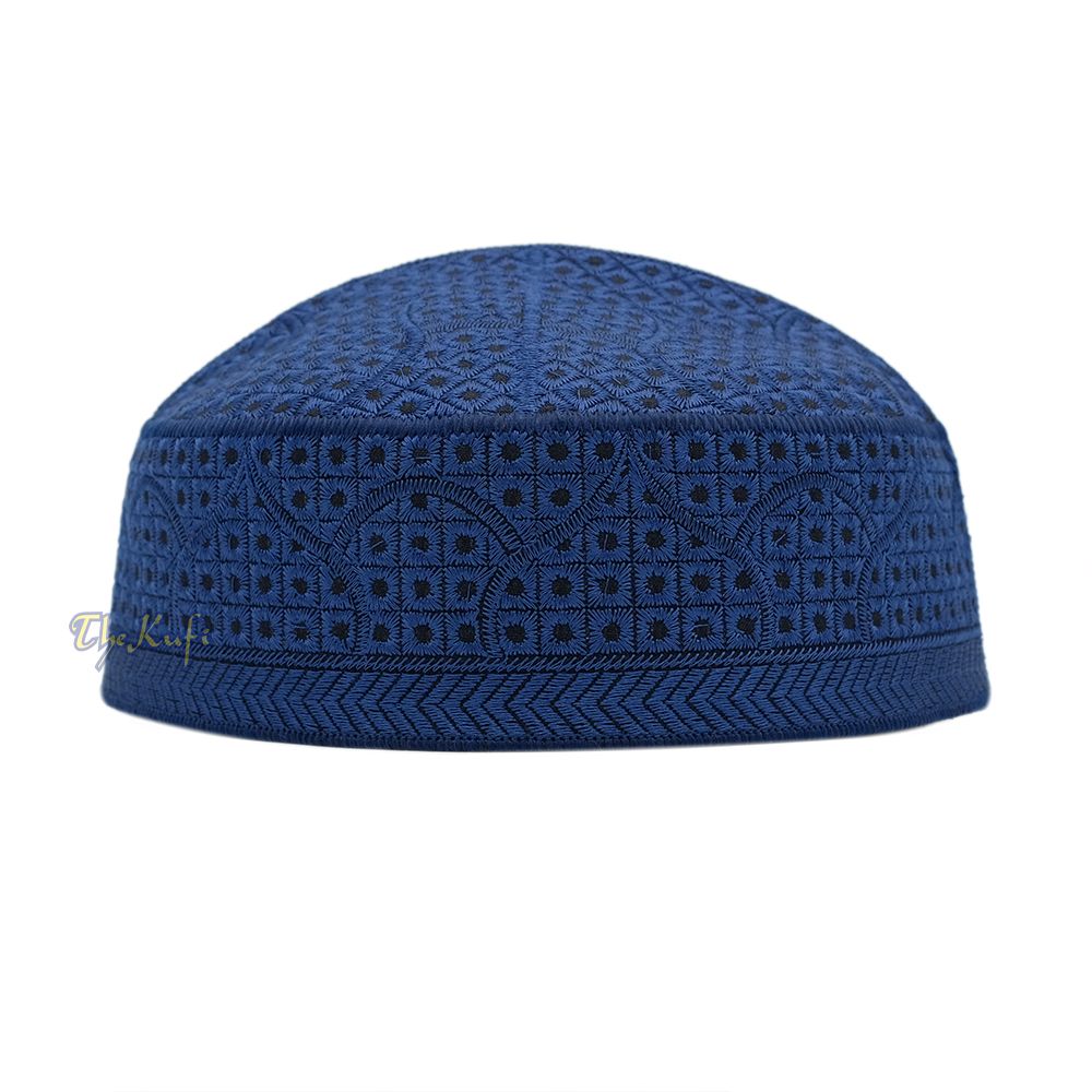 Embroidered Dark Blue Masjid Dome Rigid Lined Pakistani Style Topi Kufi