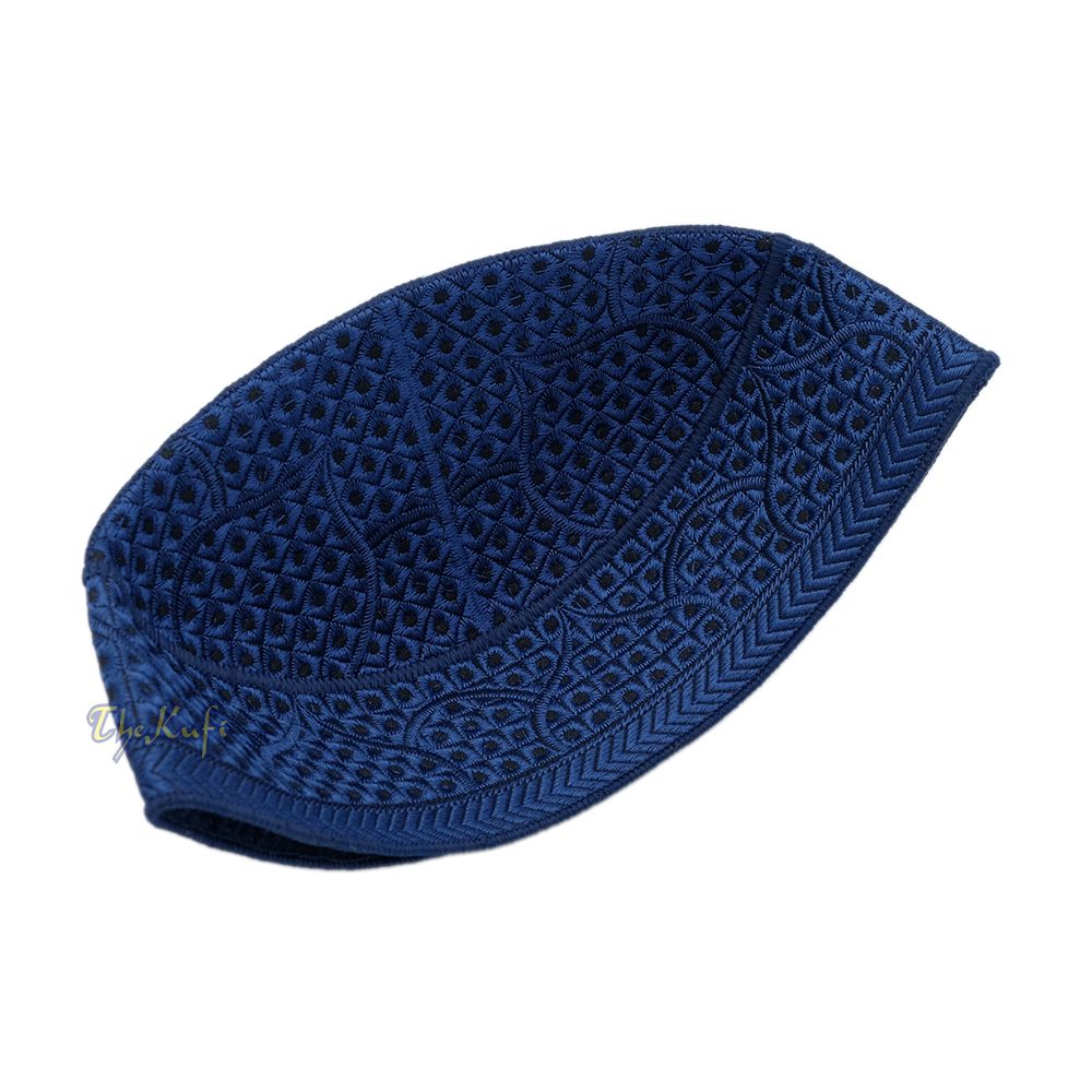 Embroidered Dark Blue Masjid Dome Rigid Lined Pakistani Style Topi Kufi