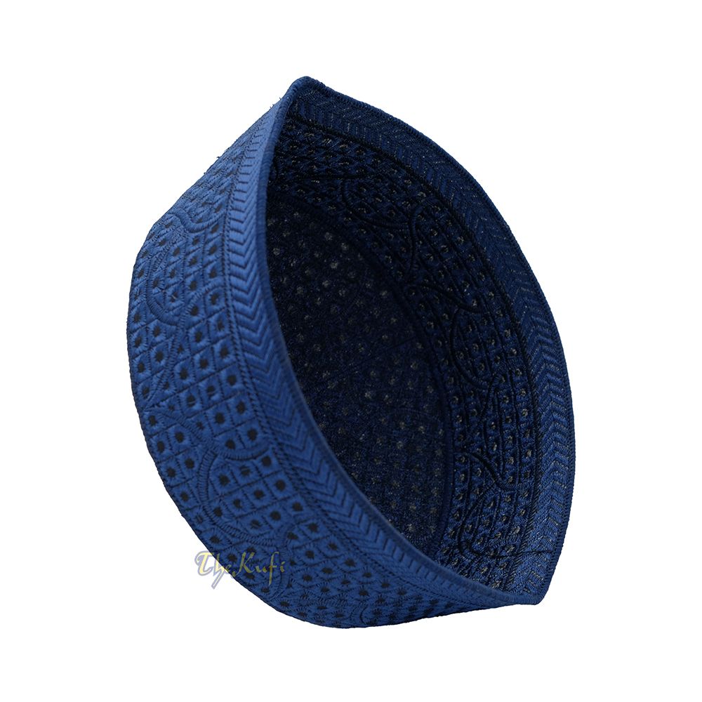 Embroidered Dark Blue Masjid Dome Rigid Lined Pakistani Style Topi Kufi
