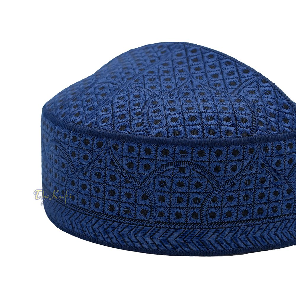Embroidered Dark Blue Masjid Dome Rigid Lined Pakistani Style Topi Kufi