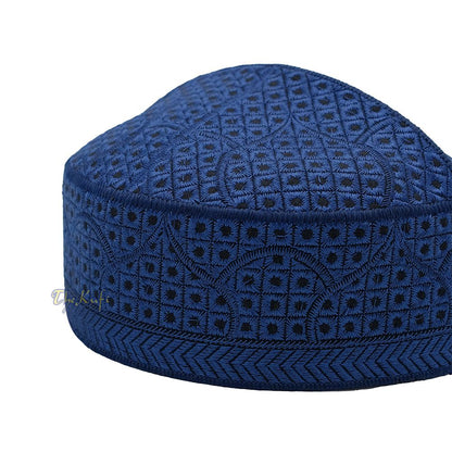 Embroidered Dark Blue Masjid Dome Rigid Lined Pakistani Style Topi Kufi