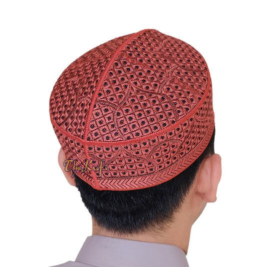 Embroidered Rust Brown Masjid Dome Rigid Lined Pakistani Style Topi Kufi