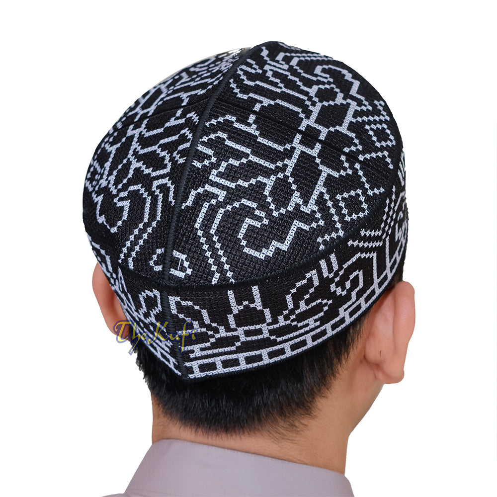 Embroidered Black Orchid Pattern Rigid Lined Pakistani Style Topi Kufi