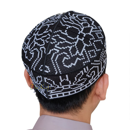 Embroidered Black Orchid Pattern Rigid Lined Pakistani Style Topi Kufi