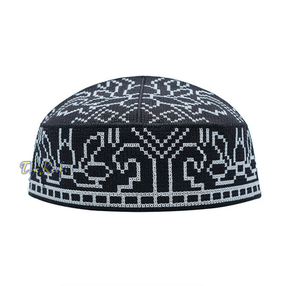 Embroidered Black Orchid Pattern Rigid Lined Pakistani Style Topi Kufi