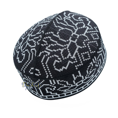 Embroidered Black Orchid Pattern Rigid Lined Pakistani Style Topi Kufi