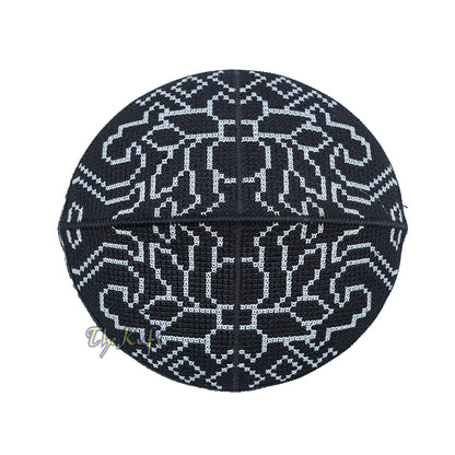 Embroidered Black Orchid Pattern Rigid Lined Pakistani Style Topi Kufi