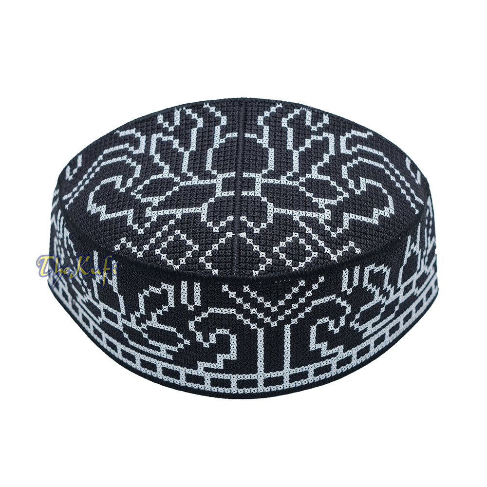 Embroidered Black Orchid Pattern Rigid Lined Pakistani Style Topi Kufi