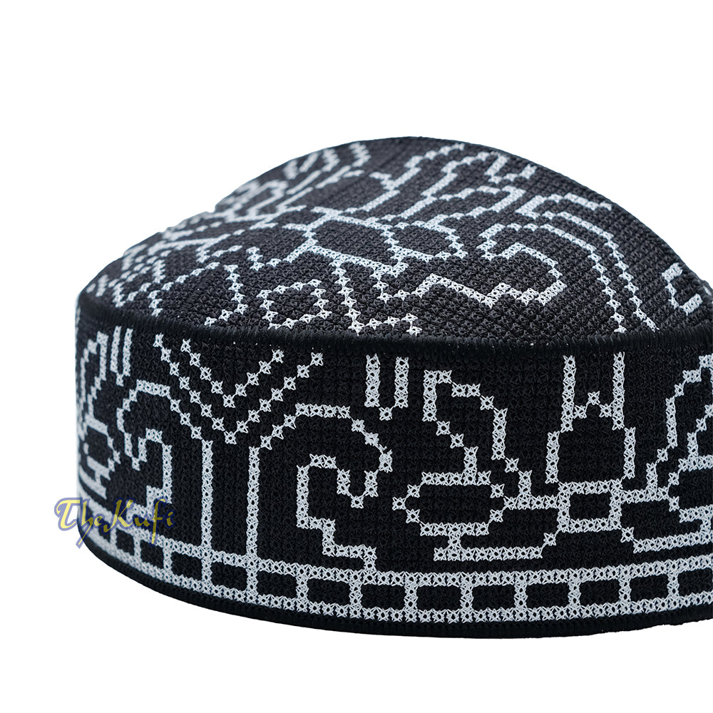 Embroidered Black Orchid Pattern Rigid Lined Pakistani Style Topi Kufi