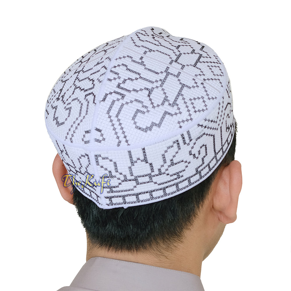 Embroidered White Orchid Pattern Rigid Lined Pakistani Style Topi Kufi