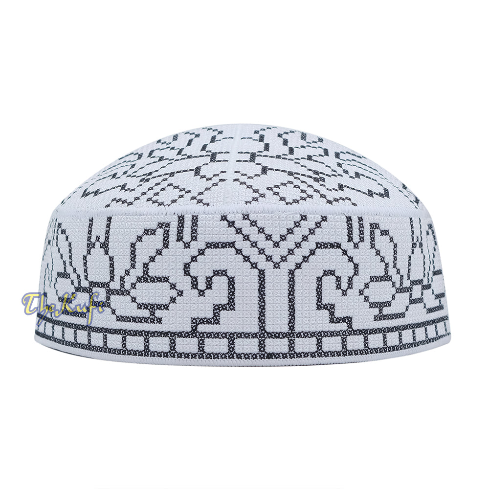 Embroidered White Orchid Pattern Rigid Lined Pakistani Style Topi Kufi