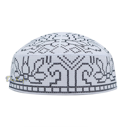 Embroidered White Orchid Pattern Rigid Lined Pakistani Style Topi Kufi