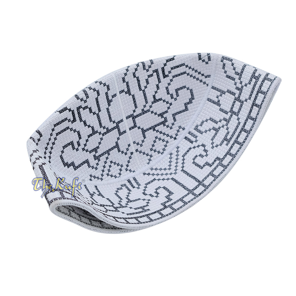 Embroidered White Orchid Pattern Rigid Lined Pakistani Style Topi Kufi