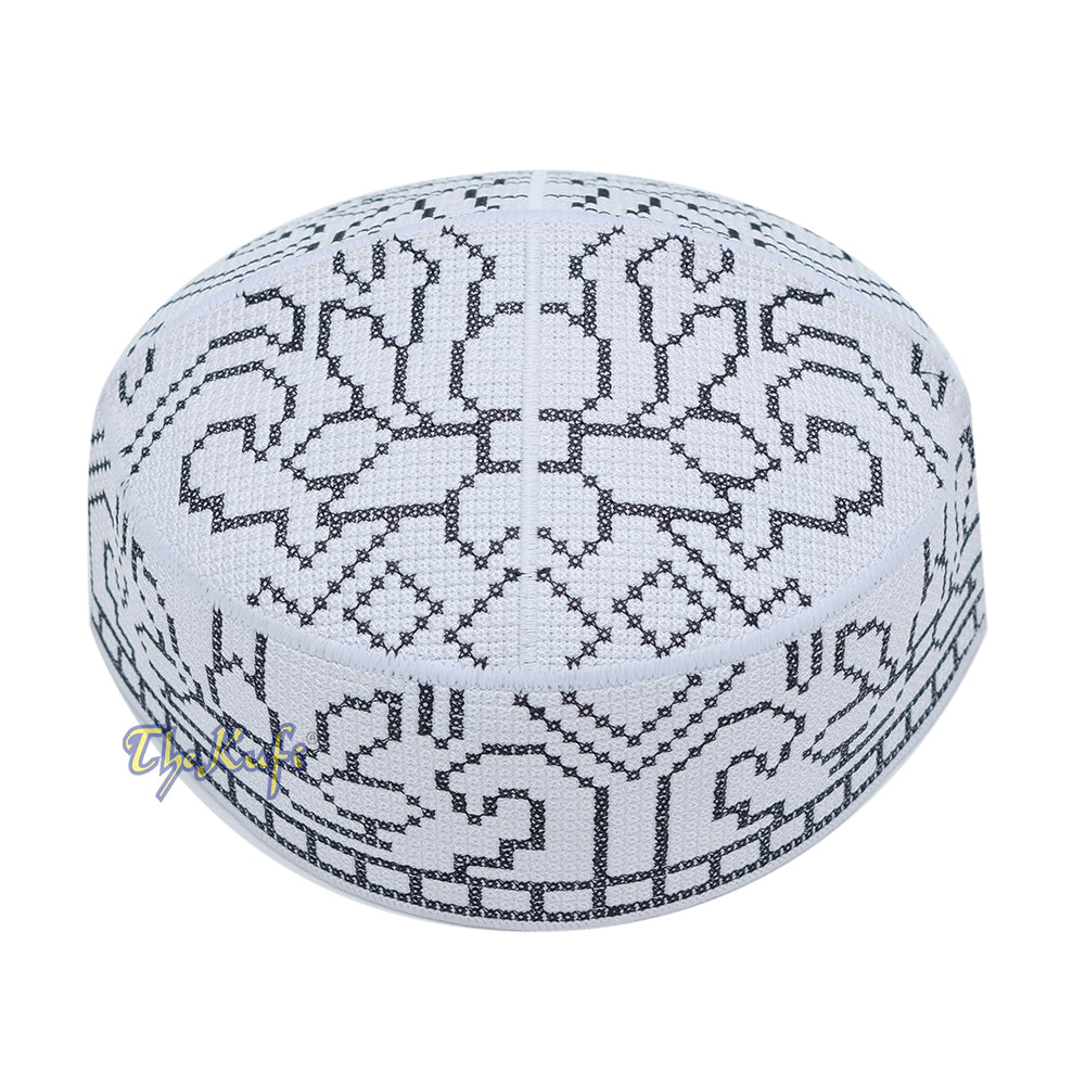 Embroidered White Orchid Pattern Rigid Lined Pakistani Style Topi Kufi