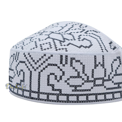 Embroidered White Orchid Pattern Rigid Lined Pakistani Style Topi Kufi