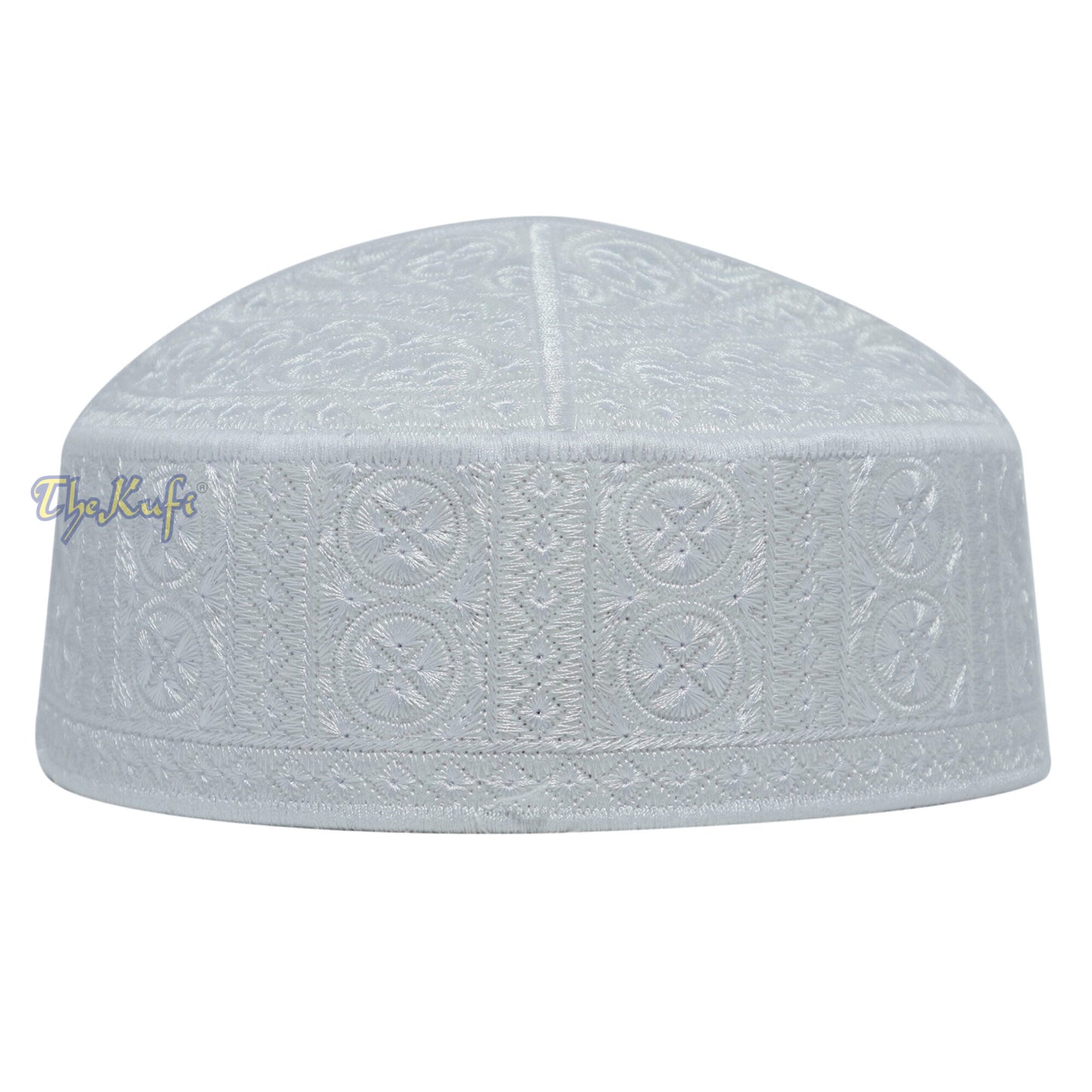 White Intricately Embroidered Rigid Round Pakistani-Style Kufi Hat