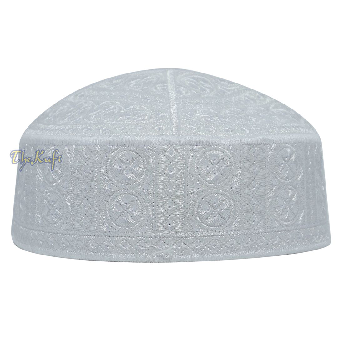 White Intricately Embroidered Rigid Round Pakistani-style Kufi Hat