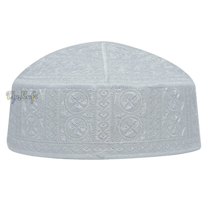 White Intricately Embroidered Rigid Round Pakistani-Style Kufi Hat