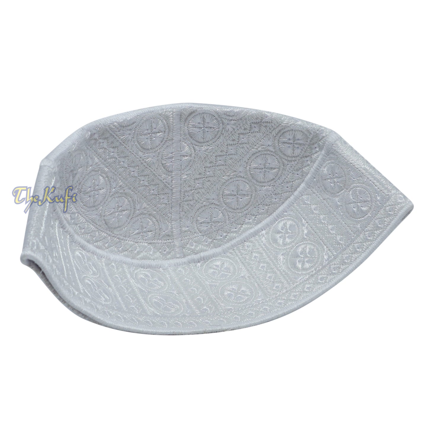 White Intricately Embroidered Rigid Round Pakistani-Style Kufi Hat