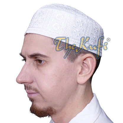 White Intricately Embroidered Rigid Round Pakistani-Style Kufi Hat