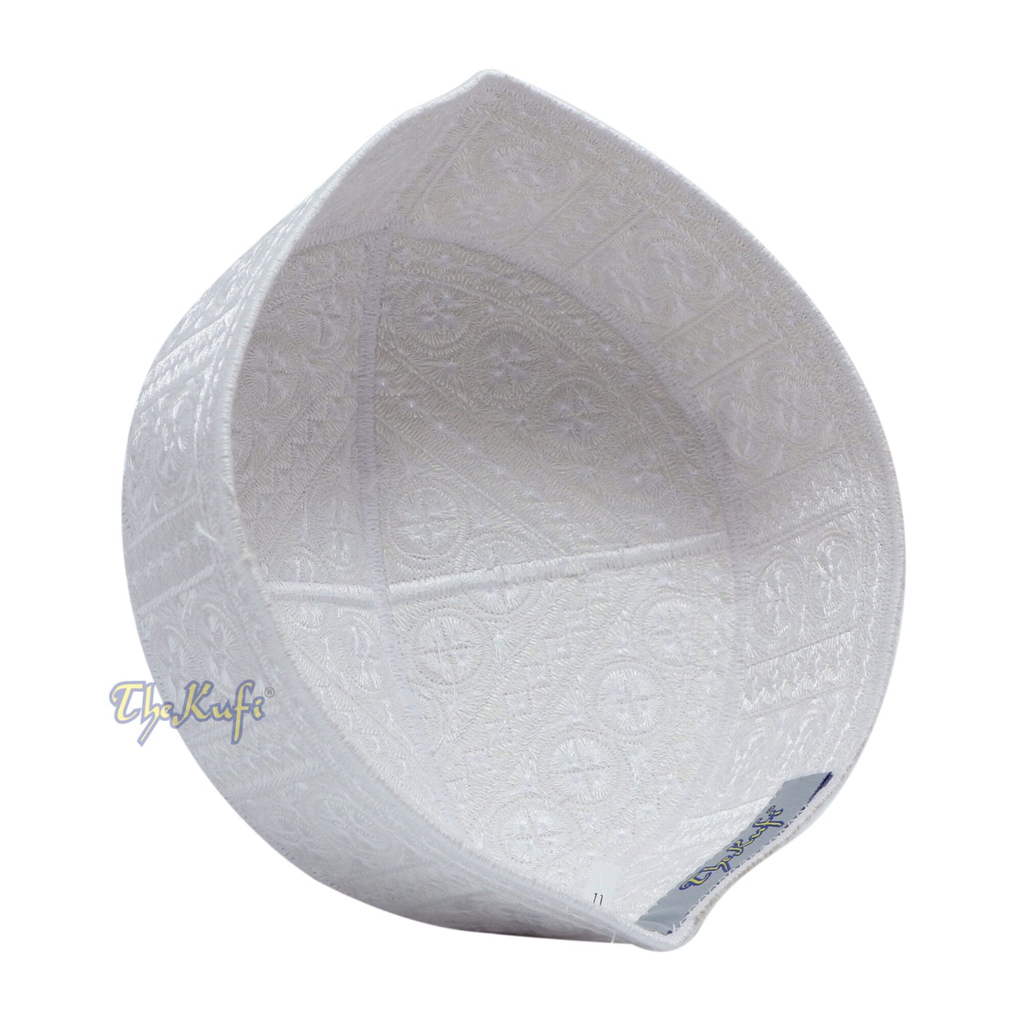 White Intricately Embroidered Rigid Round Pakistani-Style Kufi Hat