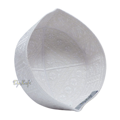 White Intricately Embroidered Rigid Round Pakistani-Style Kufi Hat