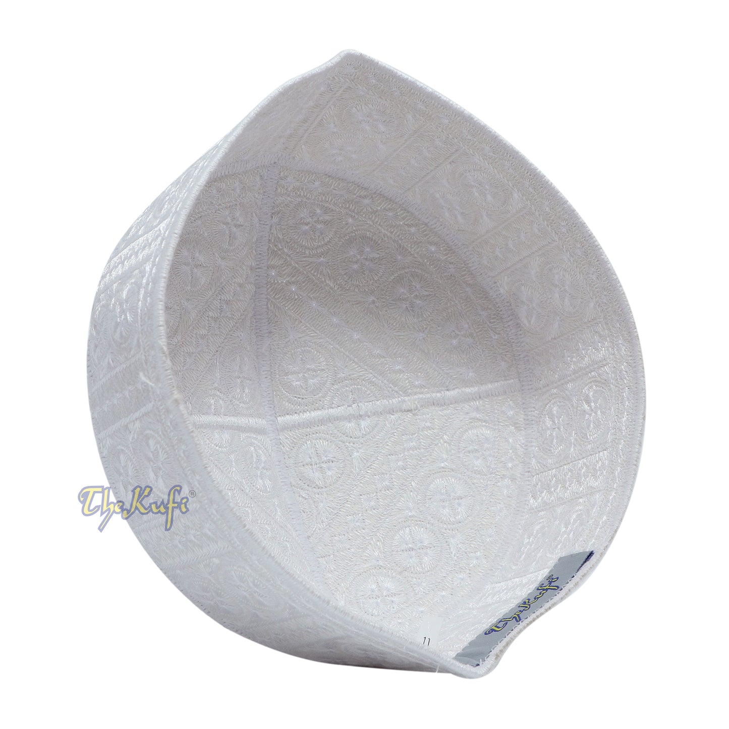 Topi Kufi Gaya Pakistan Bulat Tegar Bersulam Rumit Putih