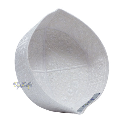 Topi Kufi Gaya Pakistan Bulat Tegar Bersulam Rumit Putih