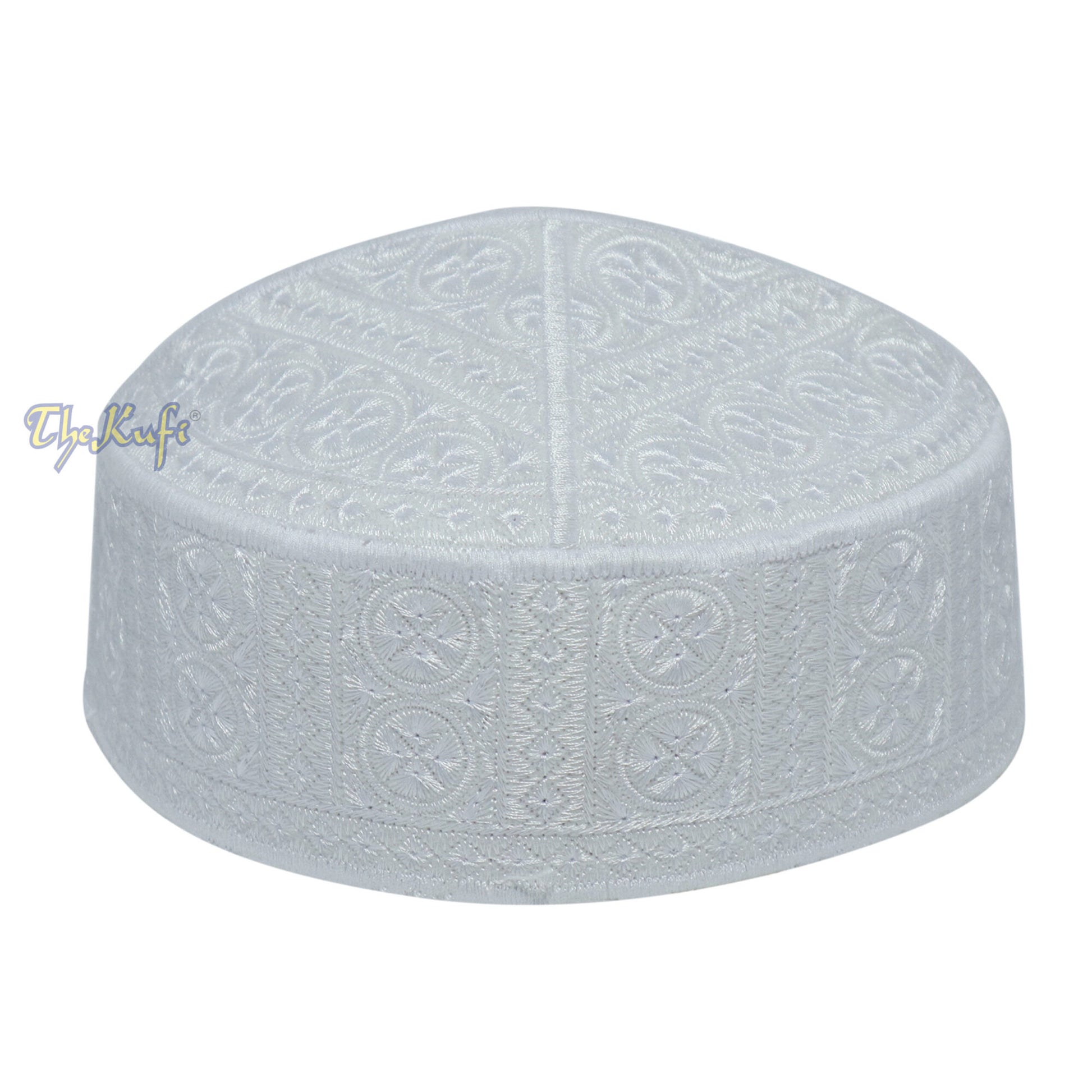 White Intricately Embroidered Rigid Round Pakistani-Style Kufi Hat