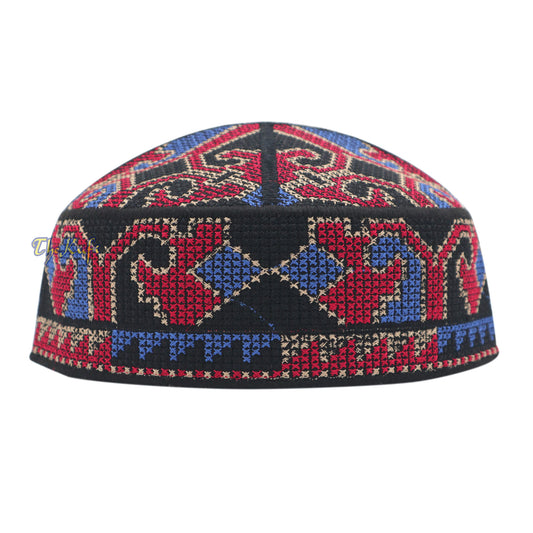 Black, Dark Red, Blue, Light Brown Haji Alay Motif Embroidery Pakistani Topi Kufi Hat