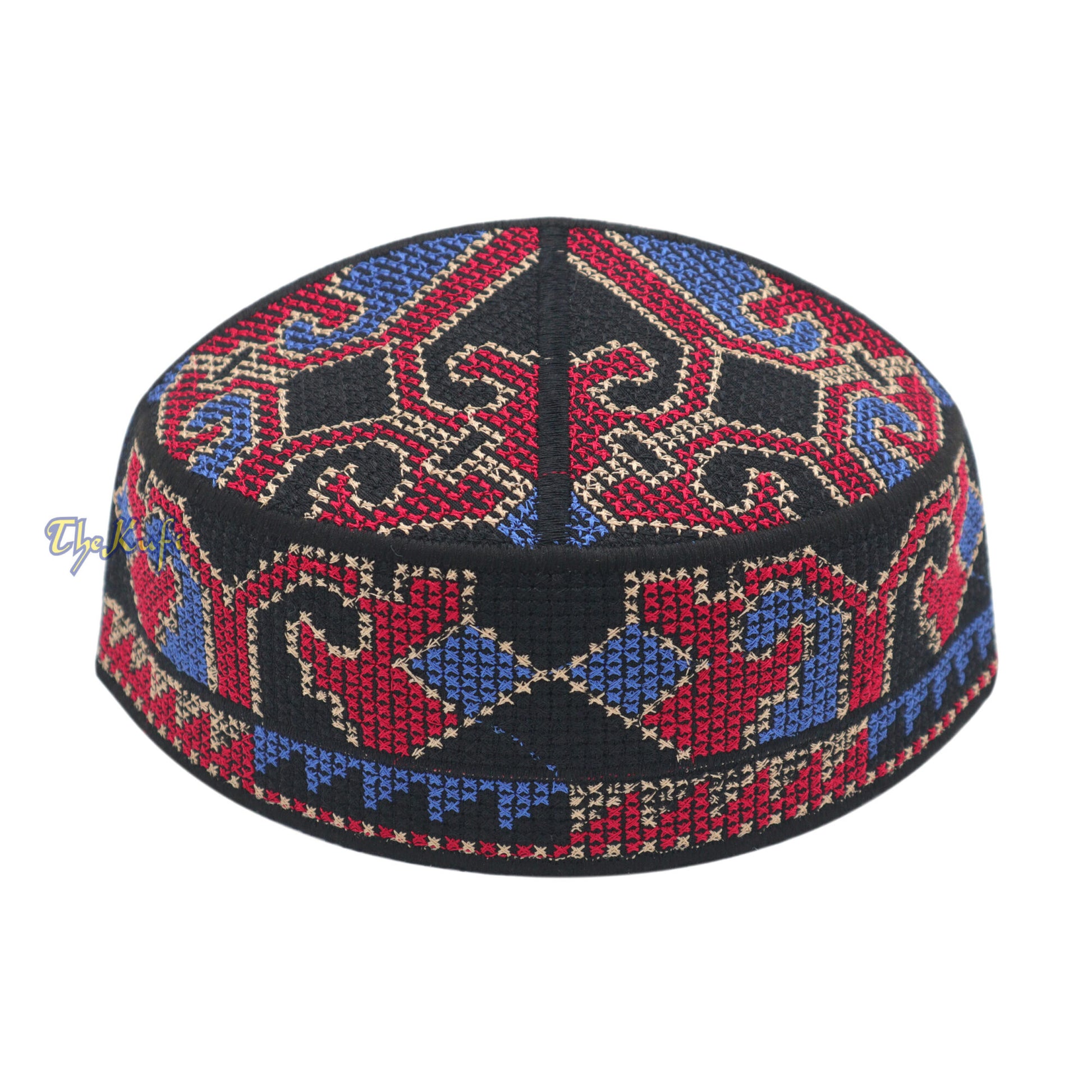 Black, Dark Red, Blue, Light Brown Haji Alay Motif Embroidery Pakistani Topi Kufi Hat