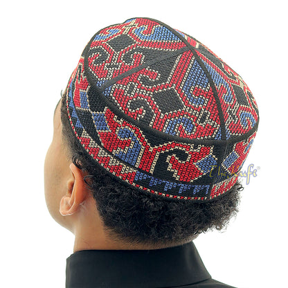 Black, Dark Red, Blue, Light Brown Haji Alay Motif Embroidery Pakistani Topi Kufi Hat