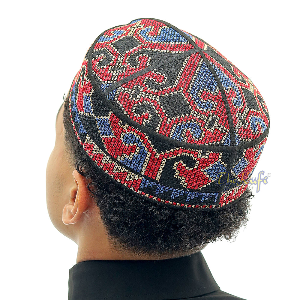 Hitam, Merah Tua, Biru, Coklat Muda Motif Haji Alay Sulaman Topi Kufi Topi Pakistan