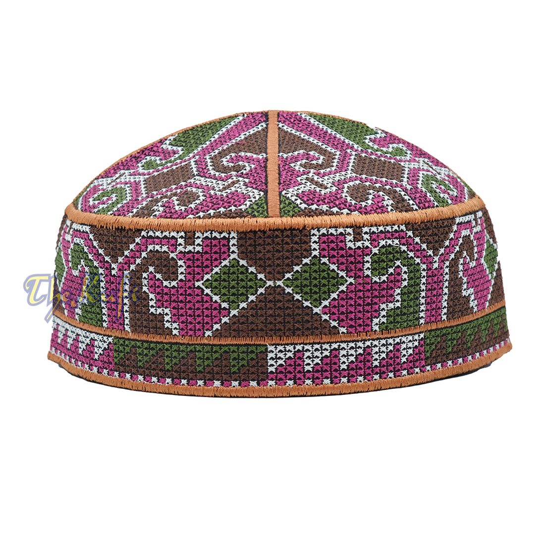 Rust Brown, Maroon, Green, Dark Brown Haji Alay Motif Embroidery Design Pakistani Topi Kufi Hat