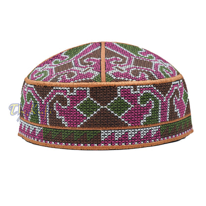 Rust Brown, Maroon, Green, Dark Brown Haji Alay Motif Embroidery Design Pakistani Topi Kufi Hat