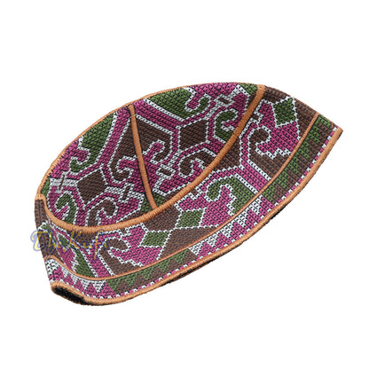 Rust Brown, Maroon, Green, Dark Brown Haji Alay Motif Embroidery Design Pakistani Topi Kufi Hat