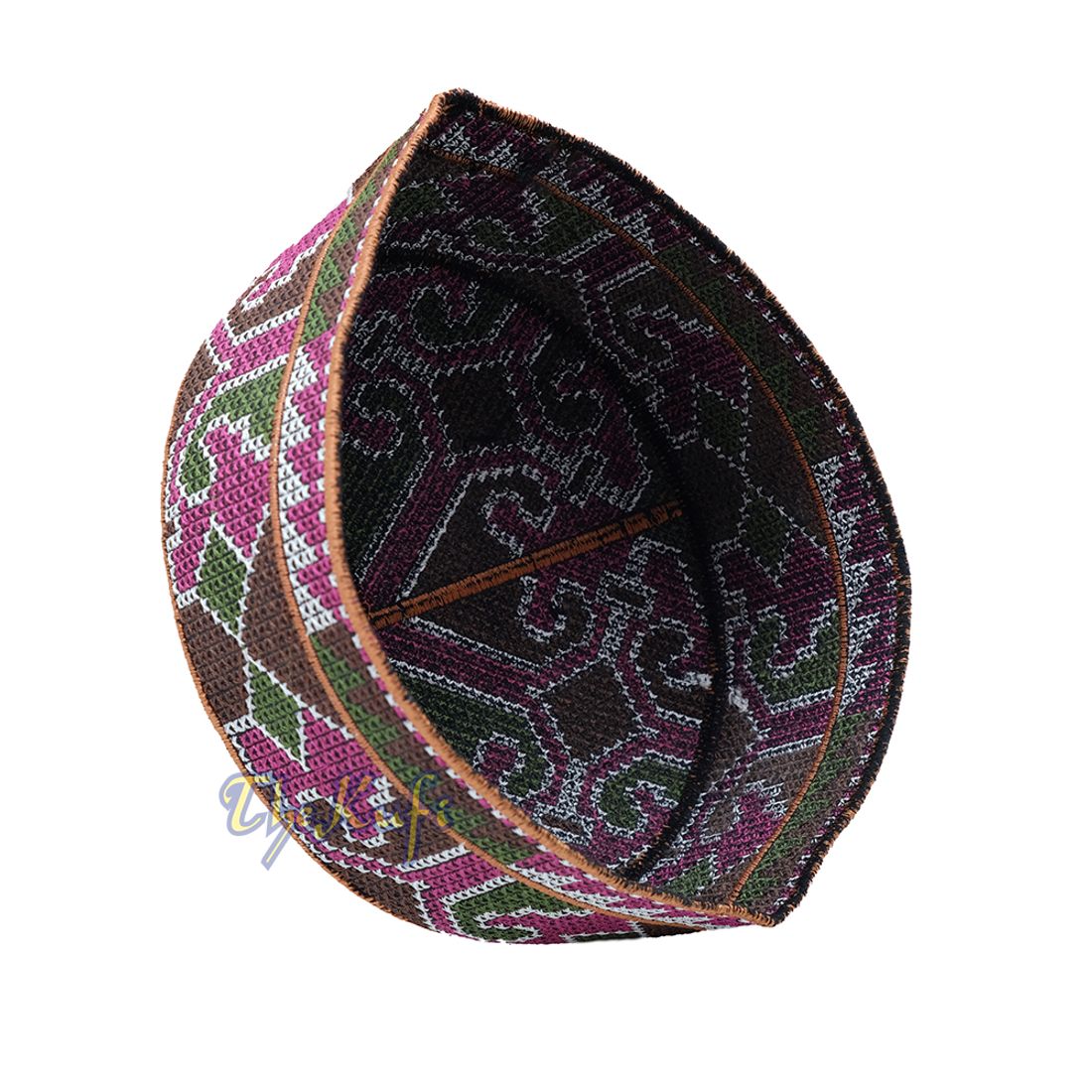 Rust Brown, Maroon, Green, Dark Brown Haji Alay Motif Embroidery Design Pakistani Topi Kufi Hat