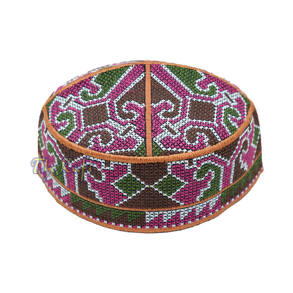 Rust Brown, Maroon, Green, Dark Brown Haji Alay Motif Embroidery Design Pakistani Topi Kufi Hat