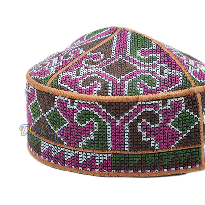 Rust Brown, Maroon, Green, Dark Brown Haji Alay Motif Embroidery Design Pakistani Topi Kufi Hat