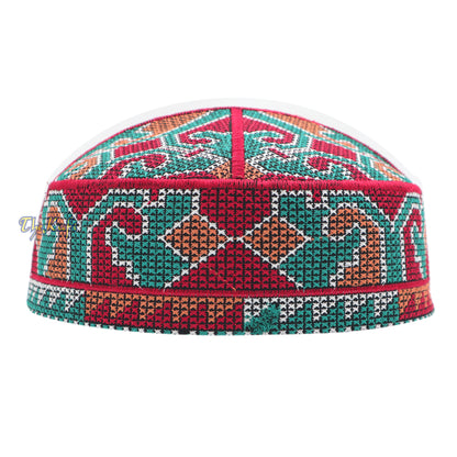 Dark Red Turquoise Brown Haji Alay Motif Embroidery Pakistani Topi Kufi Hat