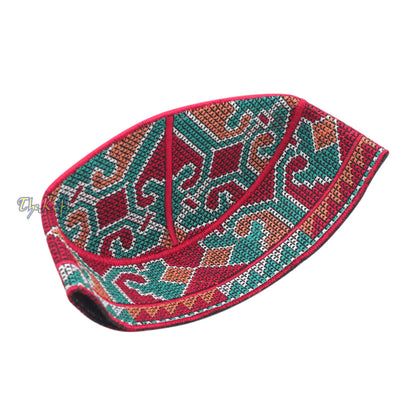 Dark Red Turquoise Brown Haji Alay Motif Embroidery Pakistani Topi Kufi Hat