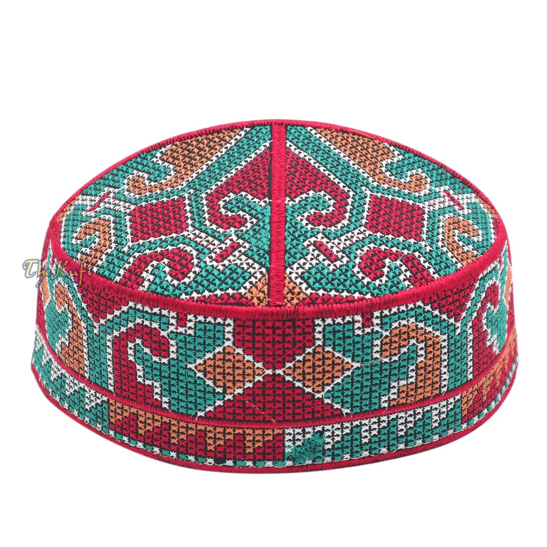 Dark Red Turquoise Brown Haji Alay Motif Embroidery Pakistani Topi Kufi Hat