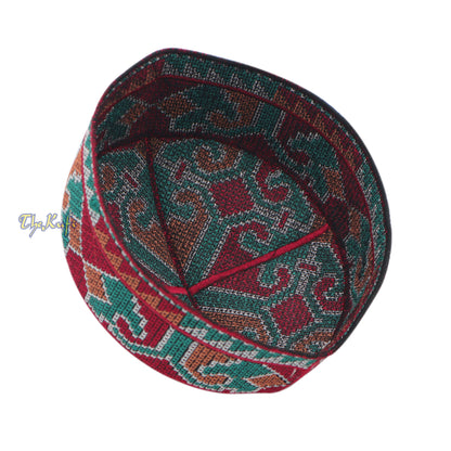 Dark Red Turquoise Brown Haji Alay Motif Embroidery Pakistani Topi Kufi Hat