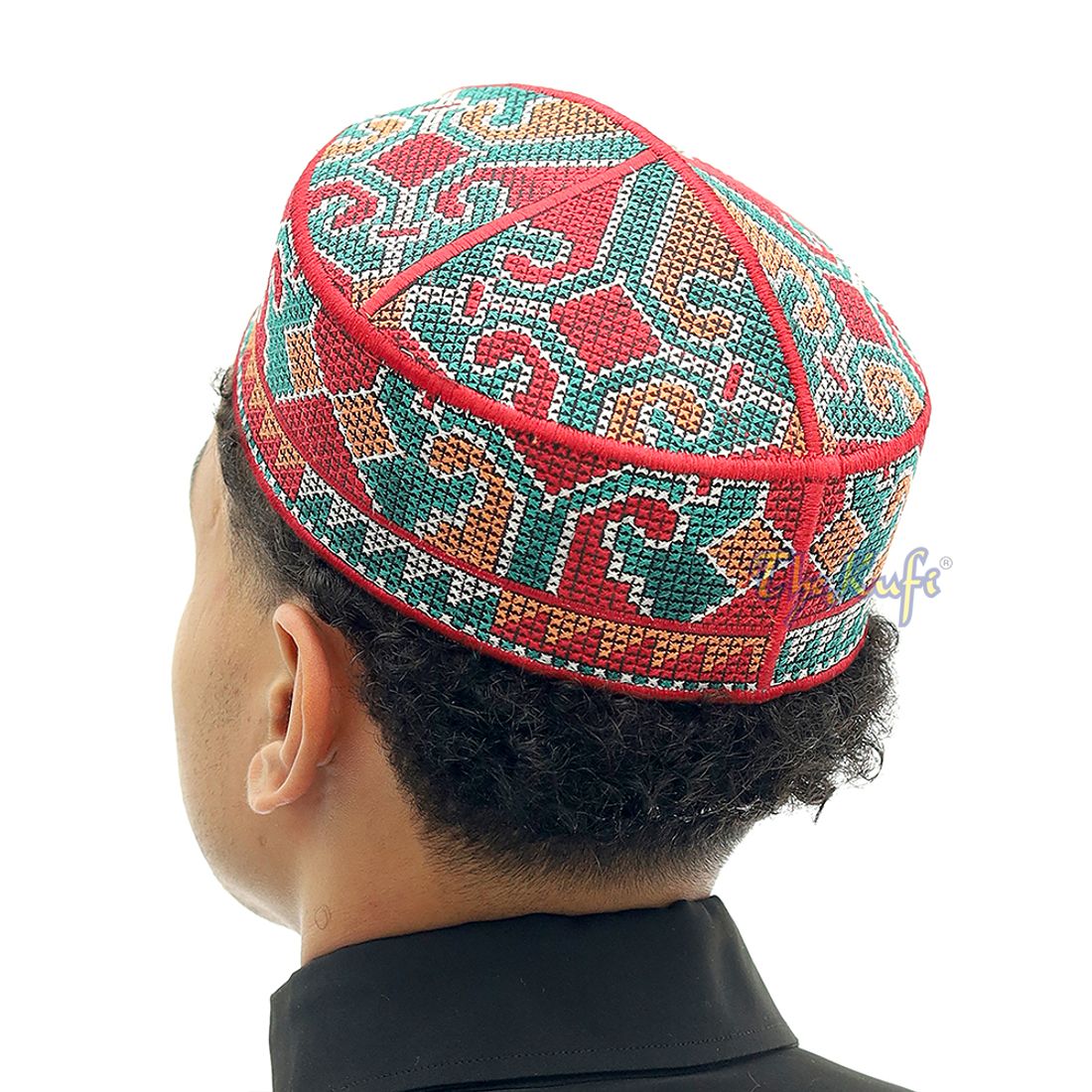 Dark Red Turquoise Brown Haji Alay Motif Embroidery Pakistani Topi Kufi Hat
